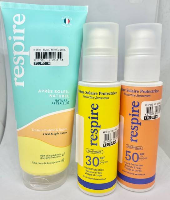 Crème solaire protectrice RESPIRE ainsi que leur aprés soleil RESPIRE pour cet été a la pharmacie du petit bosquet 