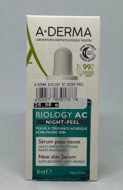 Le A-Derma Biology AC Night Peel Serum Peau Neuve Anti-Imperfections en 30ml a la pharmacie du petit Bosquet marseille 13012