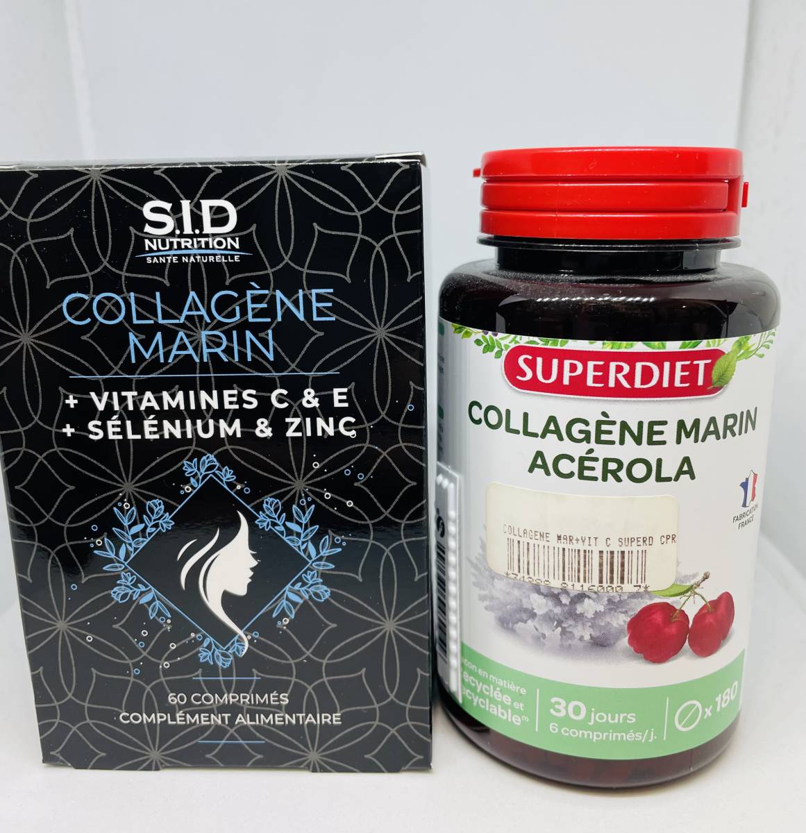 Collagène marin, vitamines en comprimés en pharmacie